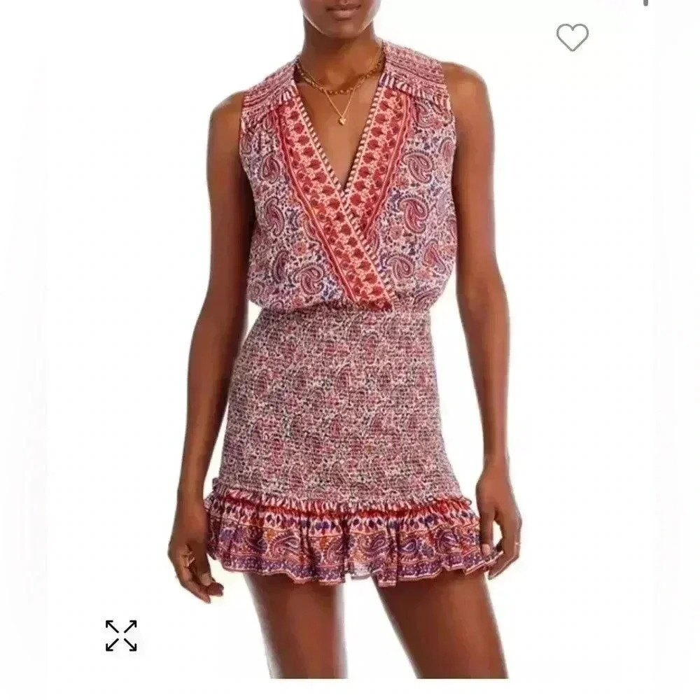 Veronica Beard Floral Paisley Cox Mini Dress Red Blue Large Smocked V-Neck Ruffl